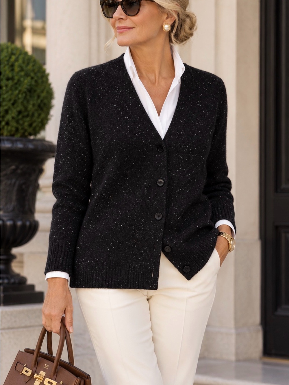 C by Bloomingdale’s 100% 2-Ply Cashmere Black Speckled Cardigan Sweater XL